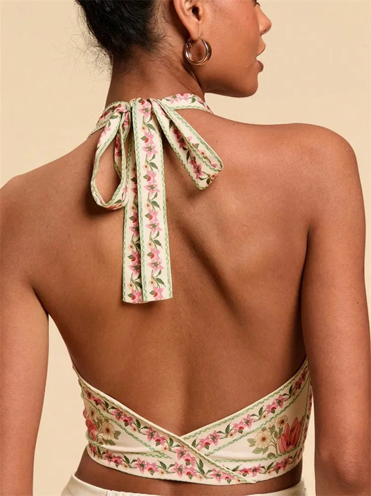 Halter Crop Top Floral Printed Backless