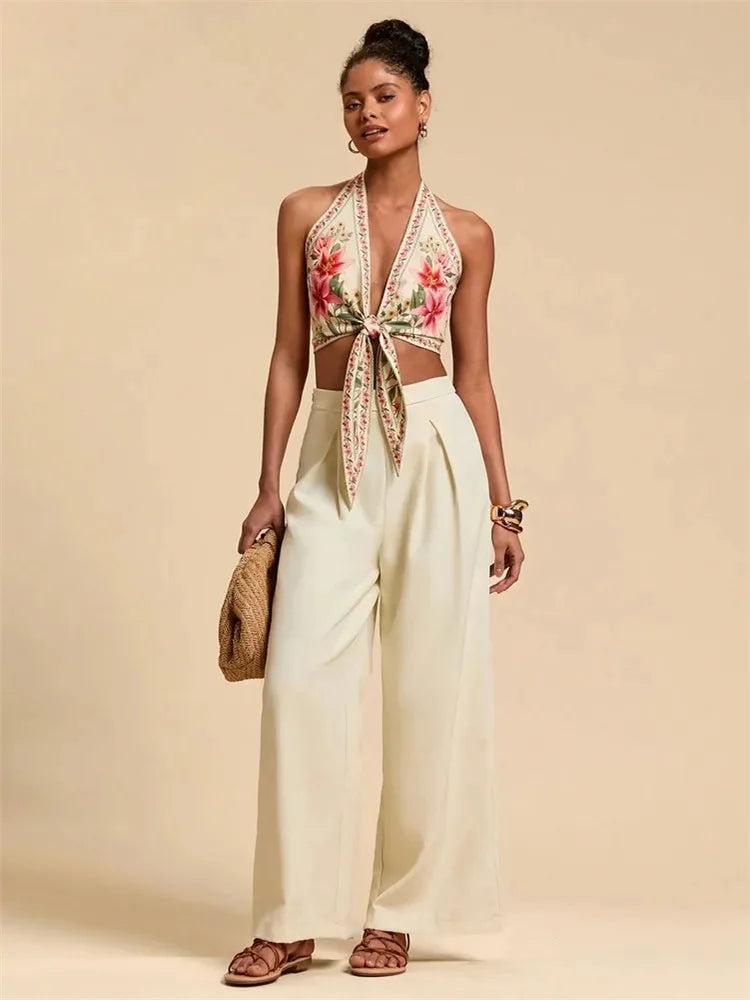 Halter Crop Top Floral Printed Backless
