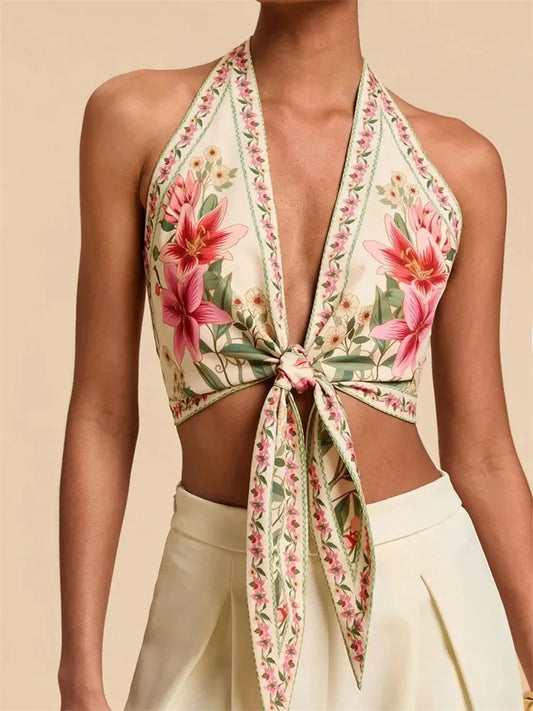 Halter Crop Top Floral Printed Backless