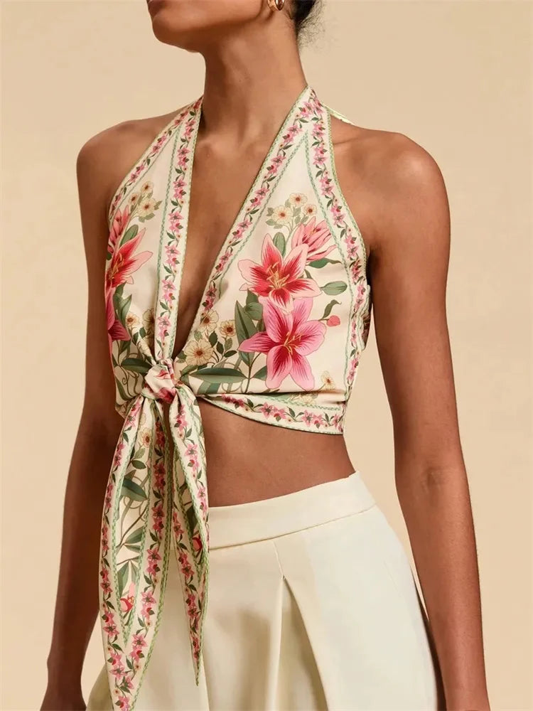 Halter Crop Top Floral Printed Backless