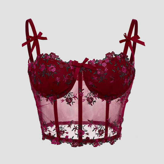 Floral Lace Embroidery Bow Corset