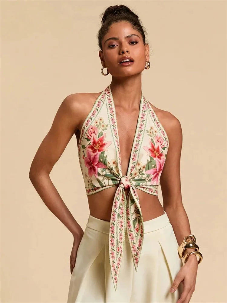Halter Crop Top Floral Printed Backless