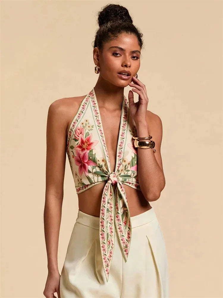 Halter Crop Top Floral Printed Backless