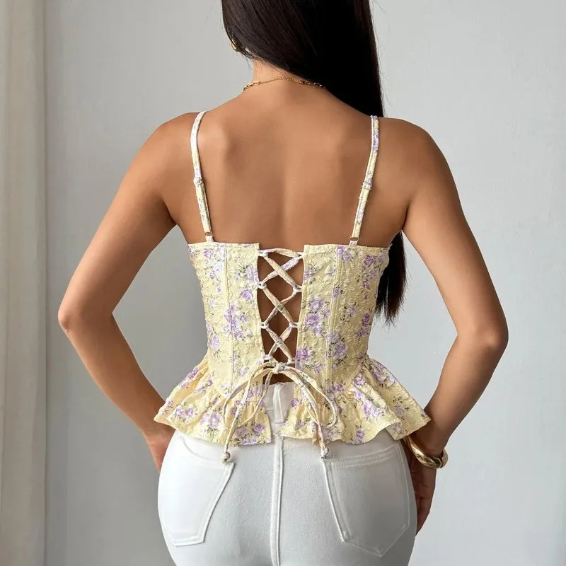Women's Corset Floral Lace Up Top